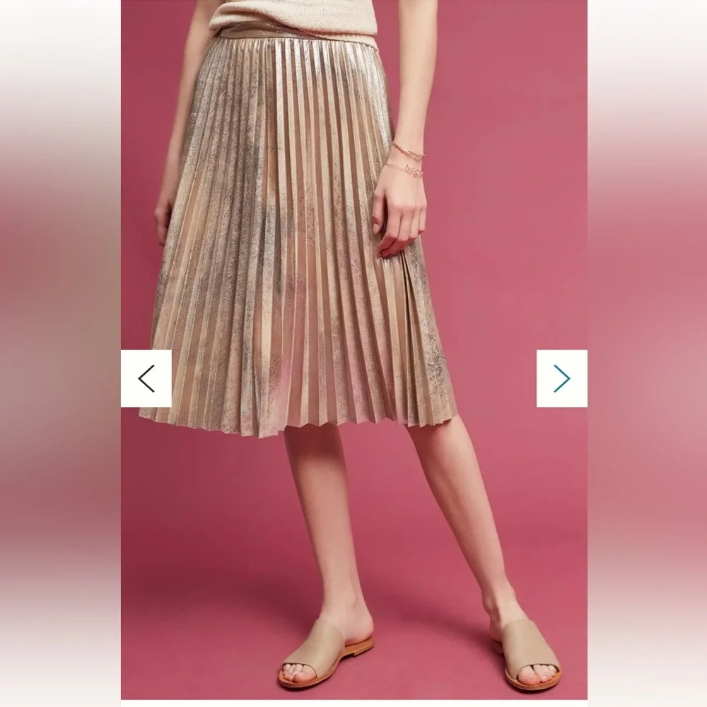 NWOT Anthropologie Maeve Pleated Metallic Gold Silver MIDI Skirt Holiday NYE M - Picture 3 of 7